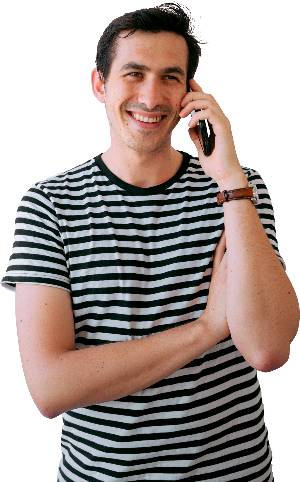 Smiling Man in Shirt Calling Using Smartphone